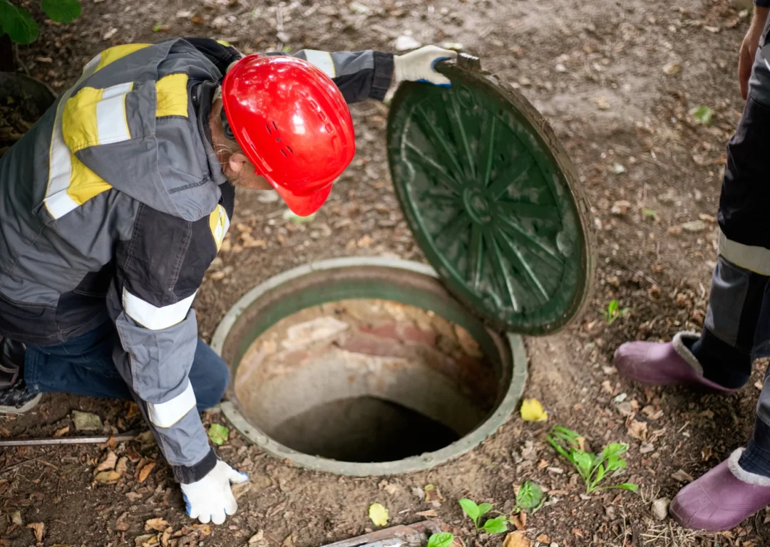 Two men in hard hats and safety vests inspect a manhole together, discussing its condition and safety measures.