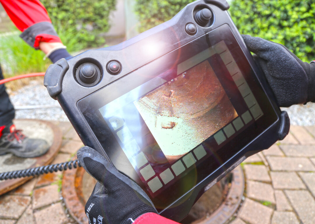 A man stands on a manhole, holding a tablet computer and looking intently at the screen.