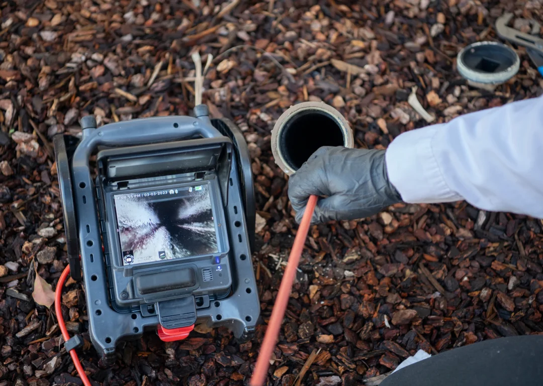 A person investigating a drain with a handheld device in a garden setting.