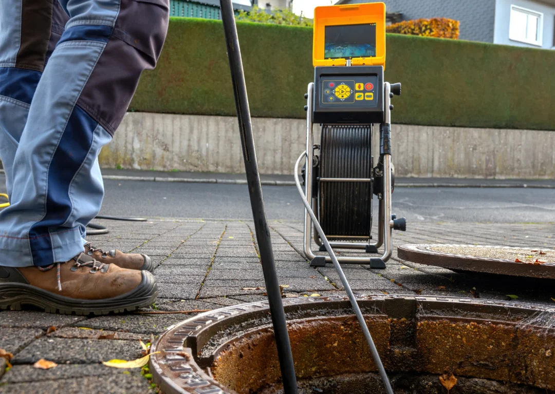A man stands beside an open drain, with investigation equipment.