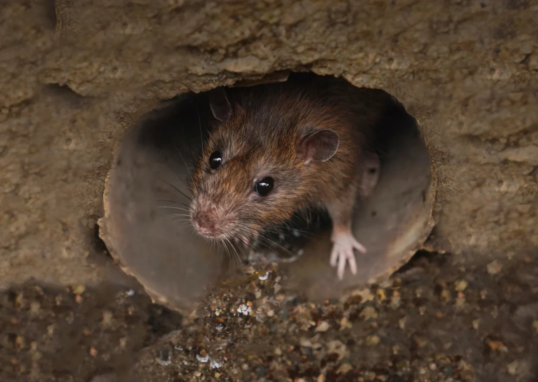 A brown rat peeks out from a hole in a pipe, its nose and eyes visible as it surveys its surroundings.