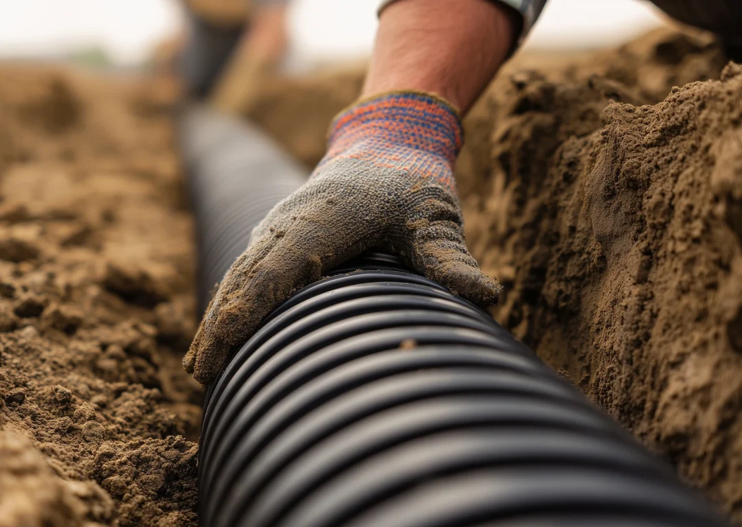 A man holds a black pipe while standing in dirt, suggesting a drain repair.